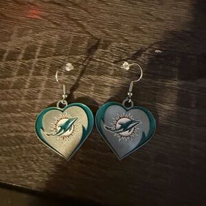 Miami Dolphins Heart-Shaped Silver and Teal Earrings